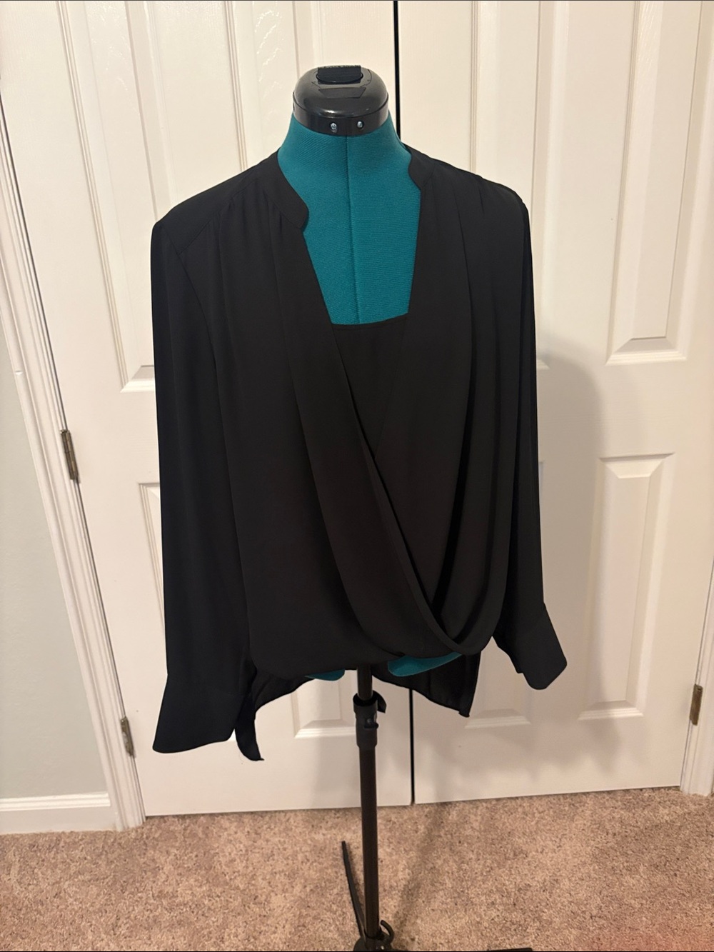 BCBGMaxAzria Black Draped Surplice Long-Sleeve Blouse